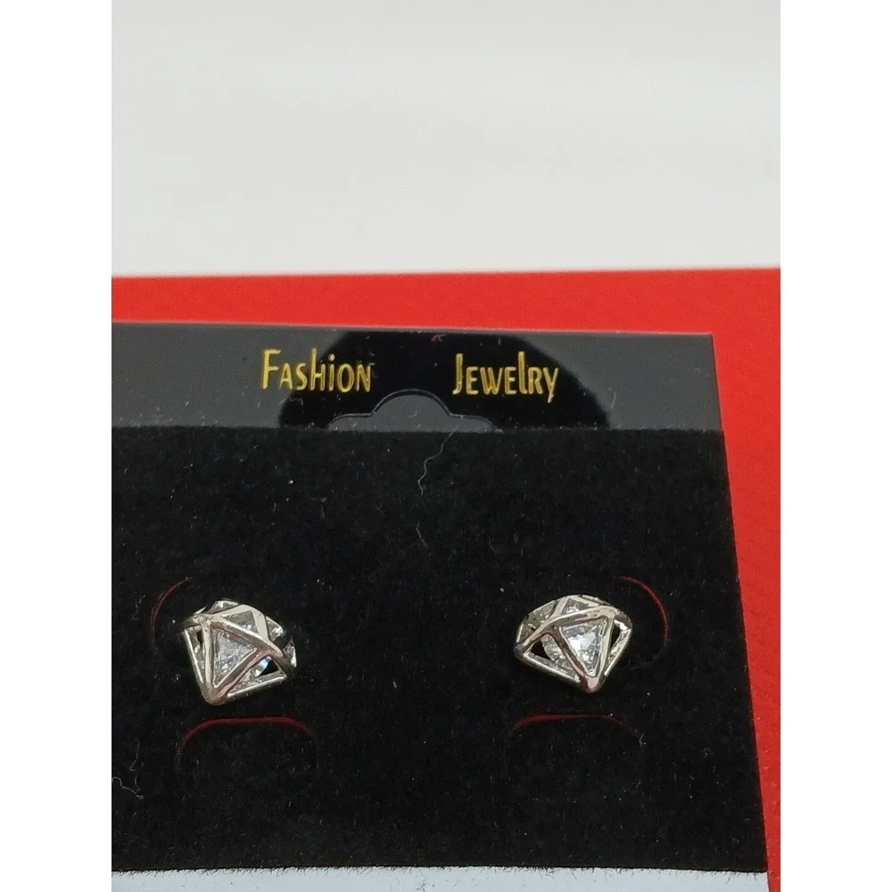 Vintage 90s Silver Tone Geometric‎ Diamond Cage Stud Earrings Clear Stone New